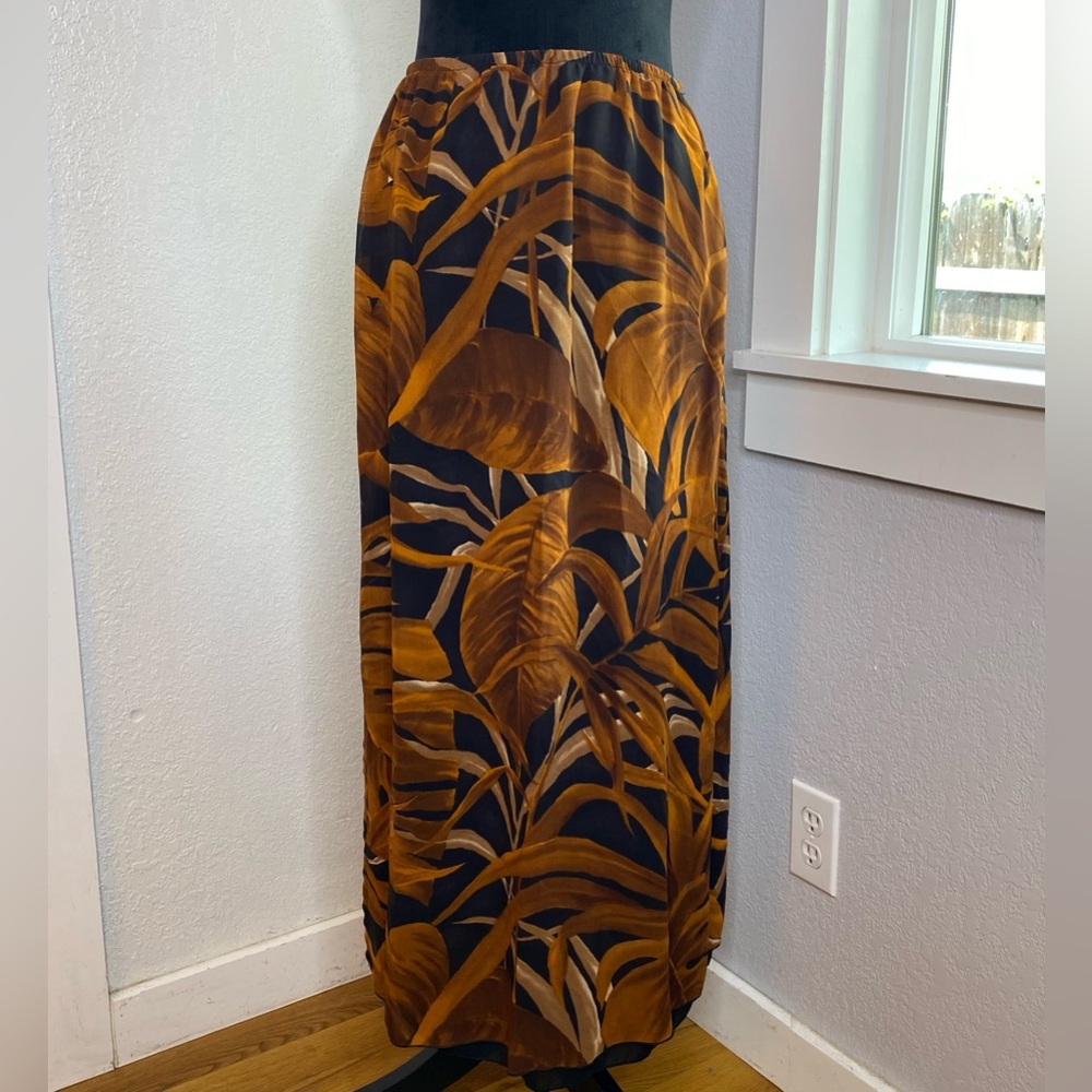 Vintage 80s Nina Piccalino Black Tropical Botanical Sheer Maxi Skirt Slit Sz 10